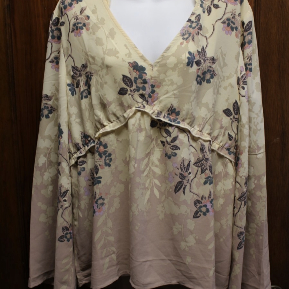 MAURICES Cream Teal Blue Floral Shirt Blouse XXL